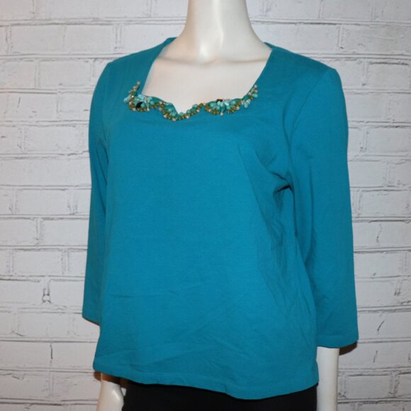 💙🌊 Ruby Rd. Blouse · Blue + Turquoise Detail · Size L · ¾ Sleeve - Picture 4 of 6